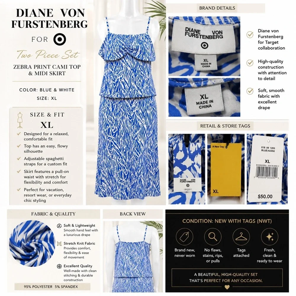 Diane von Furstenberg Target Extra Large Blue Zebra Cami Skirt Set Resort New